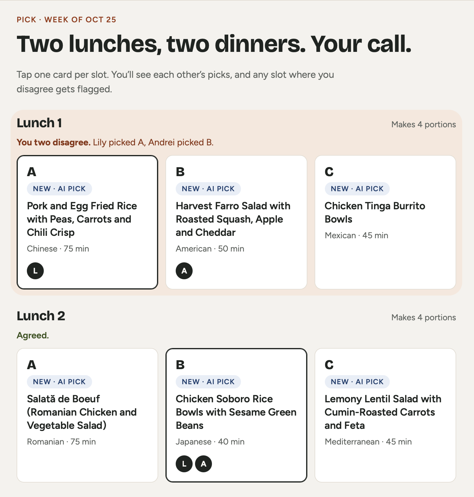 The Pick screen for the week of Oct 25: three AI-picked recipe cards per lunch and dinner slot, with each person's pick marked and disagreements flagged