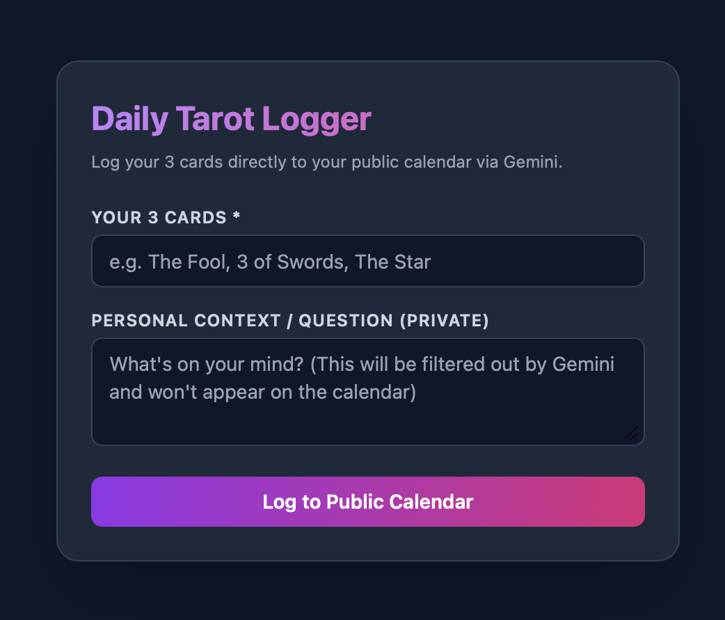 The Daily Tarot Logger: a form for three cards and a private question, with a Log to Public Calendar button
