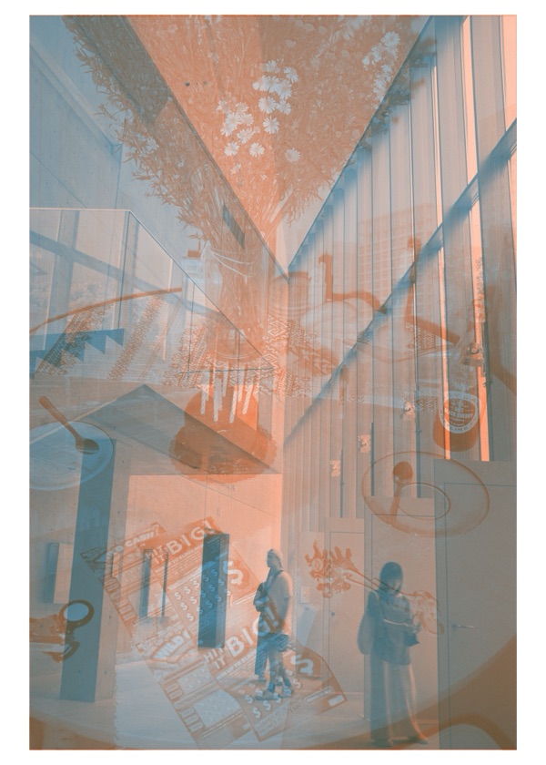 Double-exposure photo of a museum atrium with visitors